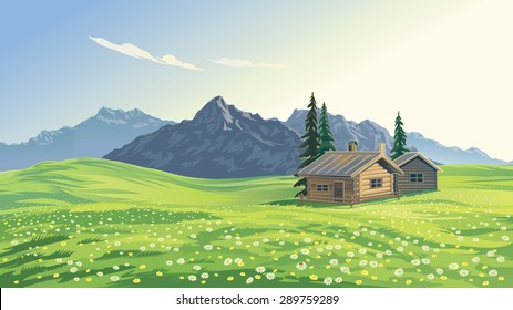 Mountain alpine landscape with houses.