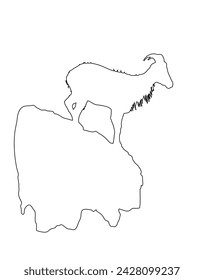 Mountain alps goat on rock on top of the hill vector silhouette illustration isolated on white background. Wild animal symbol. Goat line contour on cliff.