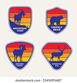 Mountain animal vintage vector icon logo set. Mountain Goat, Grizzly bear, Bighorn sheep,  Mountain Elk.