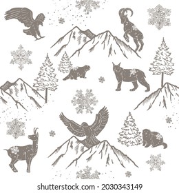 Mountain animals and landscapes. Seamless pattern with vector hand drawn illustrations with winter theme