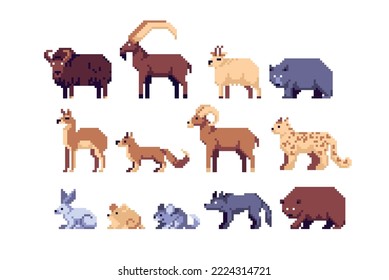 Montaje de píxeles de Mountain Animals. Colección de fauna alpina. Especies forestales de nieve. 8 bits. Desarrollo de juegos, aplicación móvil.  Ilustración vectorial aislada.