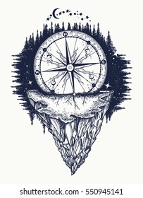 Mountain antique compass and wind rose tattoo art. Tattoo for travelers, climbers, hikers. Compass buried in rock boho style, t-shirt design 