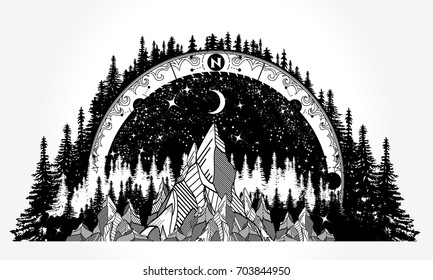 Mountain antique compass and wind rose tattoo. Adventure, travel, outdoors art symbols 