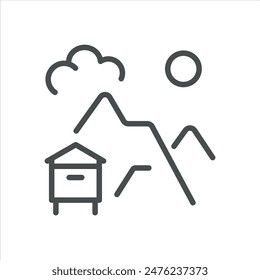 Mountain Apiary Icon. Simple Line Illustration of an Apiary in a Mountainous Landscape with Clouds and Sun, Symbolizing Beekeeping in Mountain Regions.