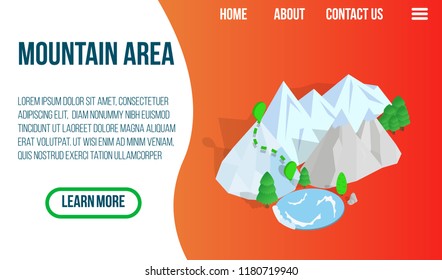 Mountain area concept banner. Isometric banner of mountain area vector concept for web, giftcard and postcard