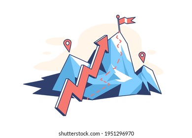 Mountain with arrow pointer vector illustration. Flag on top flat style. Ambition and brave aim. Business strategy and goal achievement concept. Isolated on white background