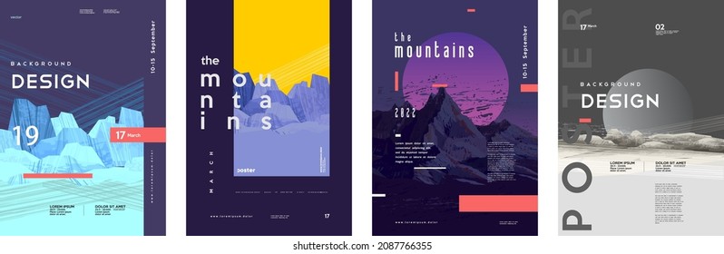 Mountain art background. Set of vector illustrations. Typography and poster design.