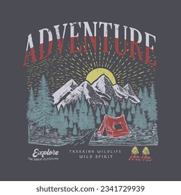 mountain art, Mountain camping. Adventure vintage print design for t shirt and others. National park graphic artwork for sticker, poster, background.