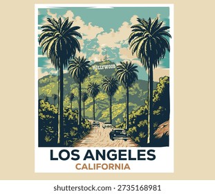 Mountain artwork for apparel, sticker, background, poster and others. Mountain Outdoors t shirt vector design. Road trip by car. Road trip at Hollywood in California.  Offroad adventure artwork.