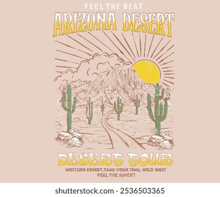 Mountain artwork. Arizona desert graphic print artwork . The desert state. Cactus tree graphic t shirt design. Desert adventure art. Arizona vintage print design for t shirt. Feel the heat.