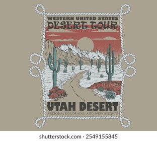 Mountain artwork. Utah desert vintage print design for t shirt. Cactus tree vector design. Sunshine artwork. Desert vibes artwork design for sticker, poster, background, fashion and others. 
