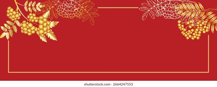 Ramas de ceniza de montaña con bayas y hojas en un gradiente dorado sobre un fondo rojo. Primer plano, largo. Elemento de diseño