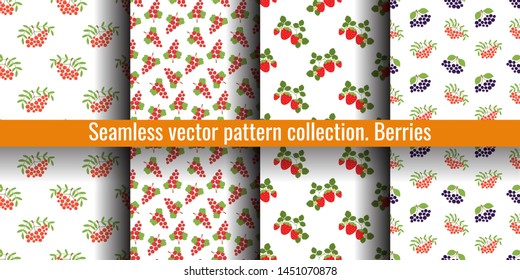 Mountain ash, rowan, viburnum, black chokeberry, strawberry and red currant. Seamless pattern set. Vector berries. Natural fashion design print collection.  Textile or clothes. Healthy food background