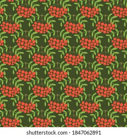 Mountain ash. Seamless pattern. Vector berries. Organic healthy food. Fashion print. Design elements for textile or clothes. Hand drawn doodle repeating background