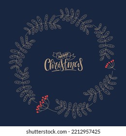 Mountain ash Twigs wreath with Merry Christmas calligraphy lettering. Greens and berries frame. Winter holidays. Circle shape. Vector illustration. Floral design card, invitation, congratulation