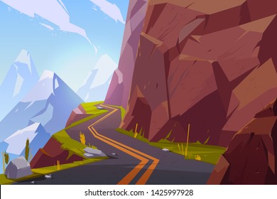 Mountain asphalt road, curly winding empty highway in rocky summer time countryside landscape. Speedway serpentine travel scenic background with hills and blue cloudy sky. Cartoon vector illustration