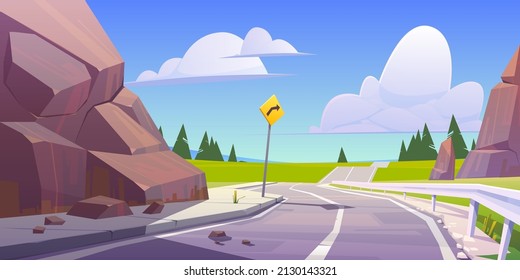 Mountain asphalt road with metal railings, empty highway in rocky summer time countryside landscape with turn sign. Speedway travel scenic background with blue cloudy sky. Cartoon vector illustration