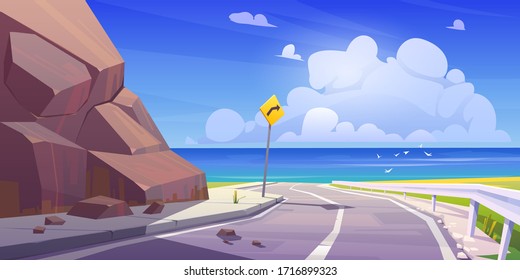 Mountain Asphalt Road With Seaview, Curly Empty Highway In Rocky Summer Time Countryside Landscape With Turn Sign. Speedway Travel Scenic Background With Blue Cloudy Sky. Cartoon Vector Illustration