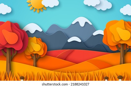 Mountain autumn landscape vector illustration. Cartoon scenery poster, orange valley in hills, road, golden leaves trees. Outdoor modern concept, village countryside scene