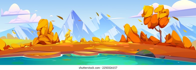 Mountain autumn valley scene with lake. Nature panorama, fall landscape with river, meadows with orange grass and peaks, hills and rocks on horizon, vector cartoon illustration