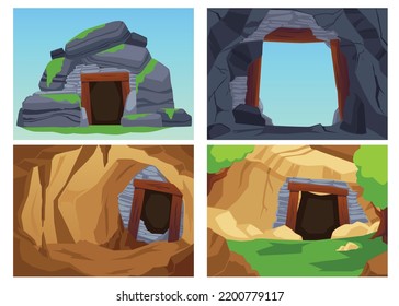 Mountain backdrops with rocky cave entrance. Entrance into dark stone cave and inside view backgrounds and layouts collection, flat vector illustration.