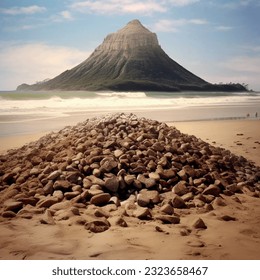 Mountain in the background and around the sea with stones. abstract design. Vector graphics pattern background. Template texture for interior, packaging, wallpaper, textile, paper, interior decoration