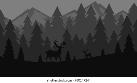 mountain background with deer inside and a pine tree. Vector illustration