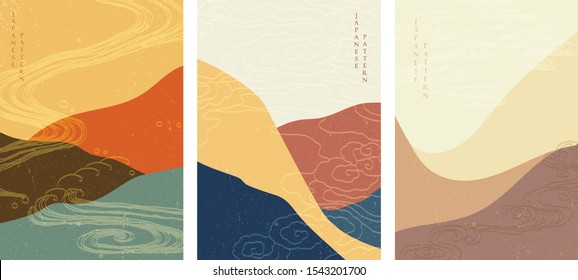 Mountain background with hand drawn wave vector. Landscape wallpaper with cloud elements in Asian style. Oriental template with grunge texture. Abstract wavy backdrop.