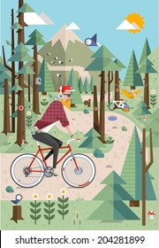 Mountain background with hipster riding on his bicycle. vector illustration