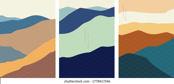 Mountain background with Japanese wave pattern vector. Hill banner, template. Landscape backdrop