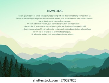 Mountain background landscape, natural travel backdrop, hills silhouette. Vector