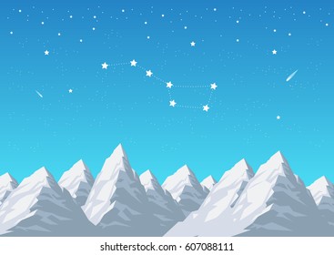 Mountain background landscape, vector illustration of mountain peaks, night sky with stars and constellation Ursa Major, the Great Bear. Traveling, adventure, outdoor concept, in blue tone