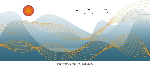mountain background. Minimal landscape art with watercolor brush and gold line art texture. Abstract art wallpaper for prints, Art Decorations. vector