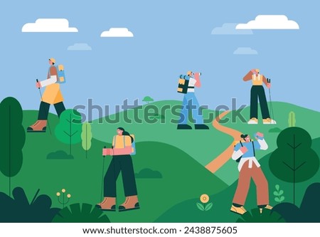 Similar – Image, Stock Photo Hiking in mountains. Mountain landscape. Scenic view of mountain peaks. Panoramic view. Natural scenery. Beautiful background