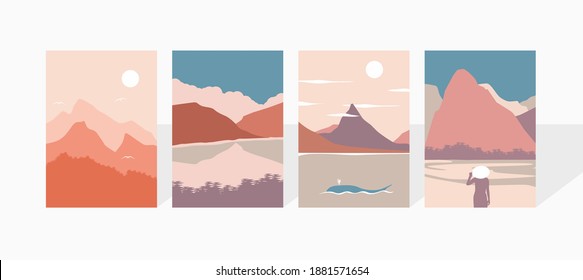Mountain background set. Pastel colors. Suitable for wall art, covers, backgrounds. Modern minimalist print art. Flat design.