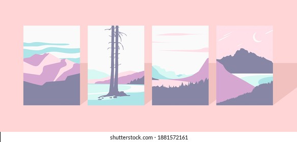 Mountain background set. Pastel colors. Suitable for wall art, covers, backgrounds. Modern minimalist print art. Flat design.