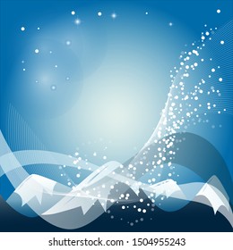 Mountain background with snowflakes and blue sky. Vector illustration.
