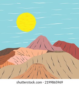 Mountain background vector daytime in the mountains. Minimal landscape art with watercolor brush line art texture. Abstract art for wallpaper, illustration, prints, Decoration, wall arts and canvas.