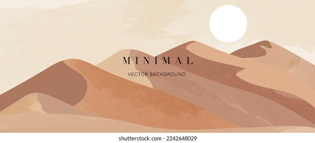 Mountain background vector illustration. Luxury scenic desert landscape and sun background with watercolor brush painting texture. Abstract art wallpaper design for print, wall art and home decor.