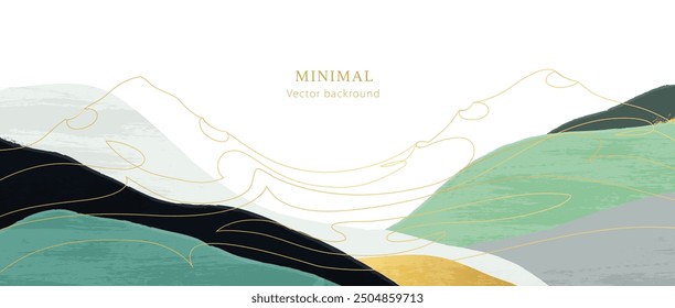 Mountain background vector. Minimal abstract design template. Green hills in watercolor style. Golden lines. Line art. Horizontal luxury banner, website header. White background gold text, font