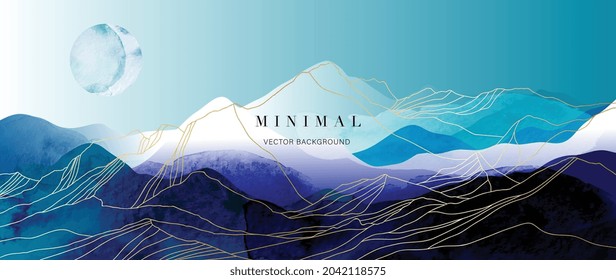 Mountain background vector. Minimal landscape art with watercolor brush and golden line art texture. Abstract art wallpaper for prints, Art Decoration, wall arts and canvas prints. 