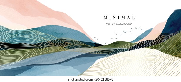 Mountain background vector. Minimal landscape art with watercolor brush and golden line art texture. Abstract art wallpaper for prints, Art Decoration, wall arts and canvas prints.  - Shutterstock ID 2042118578
