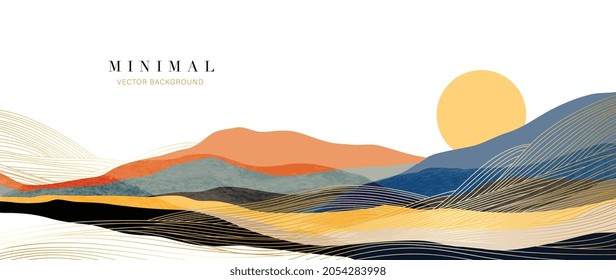 Mountain background vector. Minimal landscape art with watercolor brush and golden line art texture. Abstract art wallpaper for prints, Art Decoration, wall arts and canvas prints.  - Shutterstock ID 2054283998