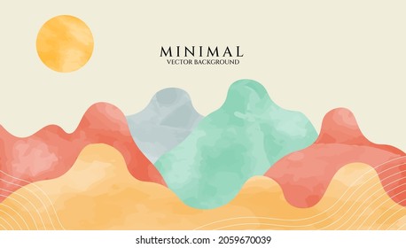 Mountain background vector. Minimal landscape art with watercolor brush and white line art texture. Abstract Art design for print, cover, wallpaper, Minimal and natural wall art.