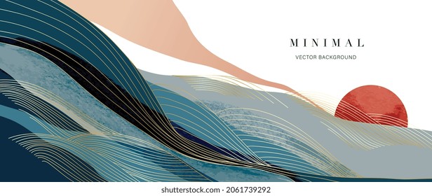 Vector de fondo de montaña. Arte paisajístico mínimo con pincel acuarela y textura de líneas doradas. Papel de arte abstracto para impresiones, Decoración Art, artes murales e impresiones de lienzos. 