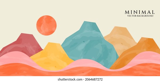 Mountain background vector. Minimal landscape art with watercolor brush and white line art texture. Abstract Art design for print, cover, wallpaper, Minimal and natural wall art.