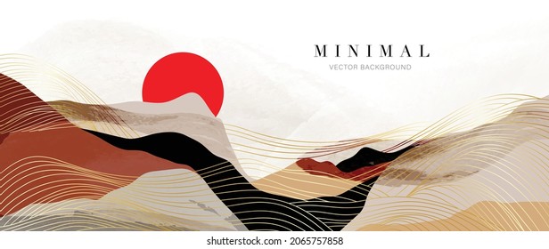 Mountain background vector. Minimal landscape art with watercolor brush and golden line art texture. Abstract art wallpaper for prints, Art Decoration, wall arts and canvas prints. 