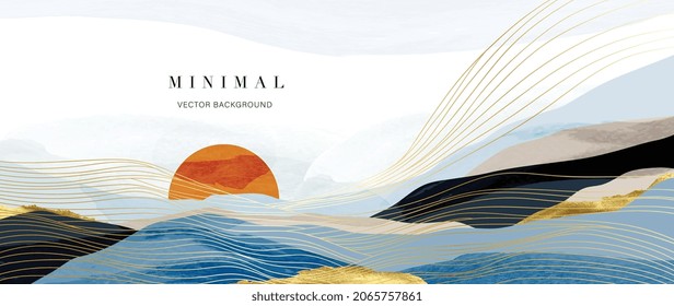 Mountain background vector. Minimal landscape art with watercolor brush and golden line art texture. Abstract art wallpaper for prints, Art Decoration, wall arts and canvas prints. 