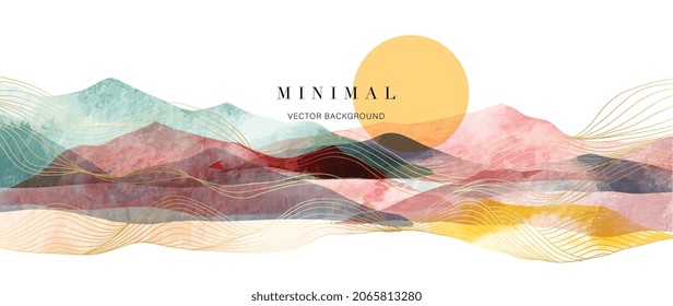 Mountain background vector. Minimal landscape art with watercolor brush and golden line art texture. Abstract art wallpaper for prints, Art Decoration, wall arts and canvas prints. 