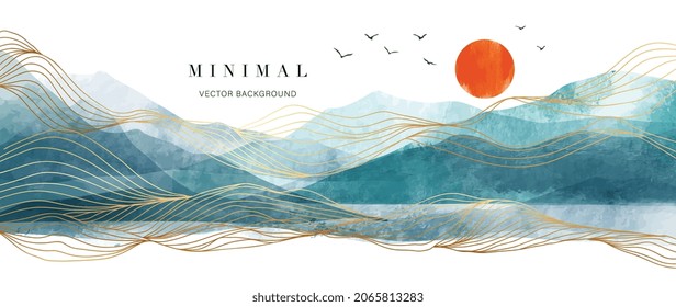 Mountain background vector. Minimal landscape art with watercolor brush and golden line art texture. Abstract art wallpaper for prints, Art Decoration, wall arts and canvas prints.  - Shutterstock ID 2065813283